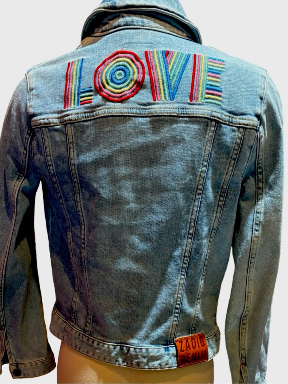 Zadig & Voltaire Light Blue Denim Jacket with Multicolor LOVE Embroidery